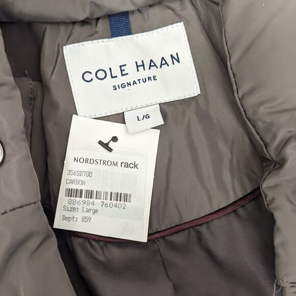 NWT New Cole Haan Long Puffer Zip bib Hooded Down Coat Carbon Grey Large - Picture 4 of 7